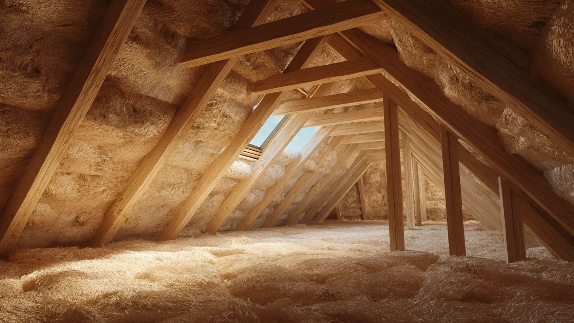 Interior view of an attic space featuring exposed wooden rafter framing and crossbeams, lined with blown-in or spray-foam insulation along the floor and angled roof walls, with light streaming in from a small skylight.