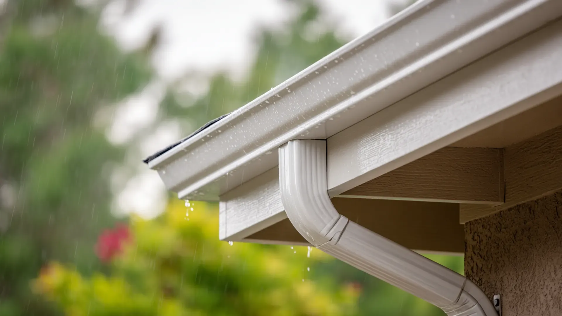 Close-up shot during rainfall of a newly installed off-white or light beige K-style gutter system and downspout elbow attached to the roofline soffit and stucco exterior wall of a home.