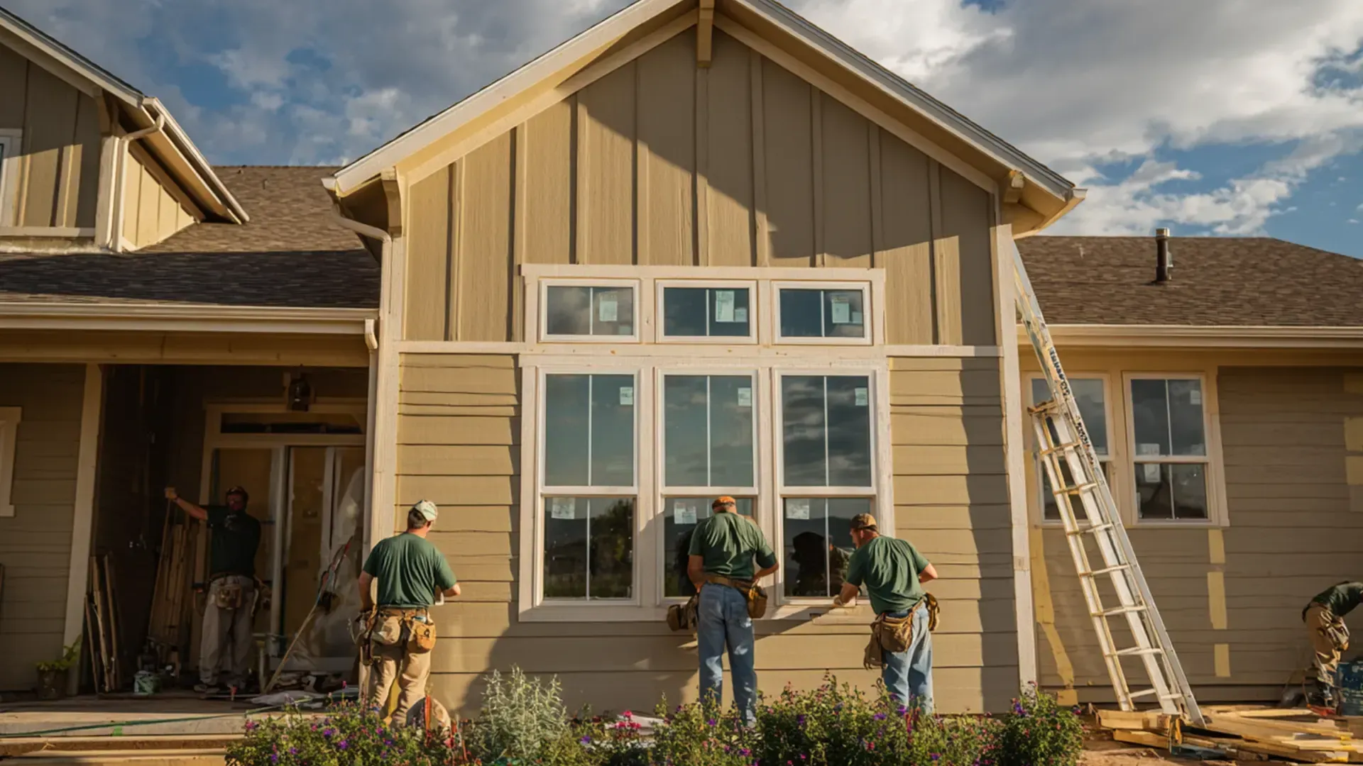 Exterior daytime view of a remodeling crew of contractors in green shirts and tool belts installing new energy-efficient double-hung windows with white frames on a beige house featuring vertical board-and-batten gable siding and horizontal lap siding.