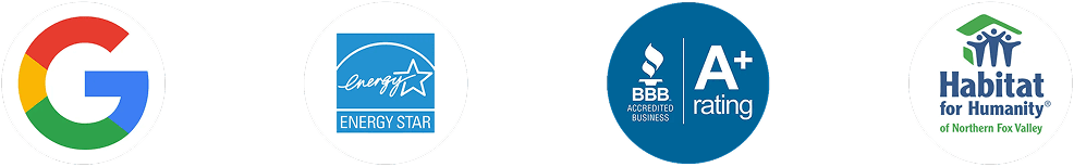 Google logo, ENERGY STAR certification, BBB A+ rating, Habitat for Humanity of Northern Fox Valley logo
